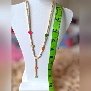 Enamel multi color heart rhinestone gold y necklace, adjustable